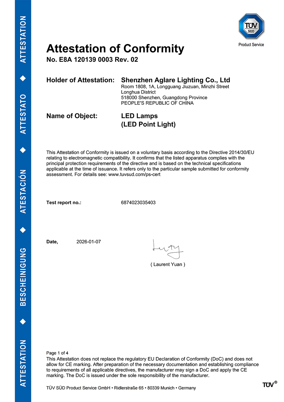 兰科博弈RankBet照明发光字装璜led灯泡通过TUV CE(EMC)认证